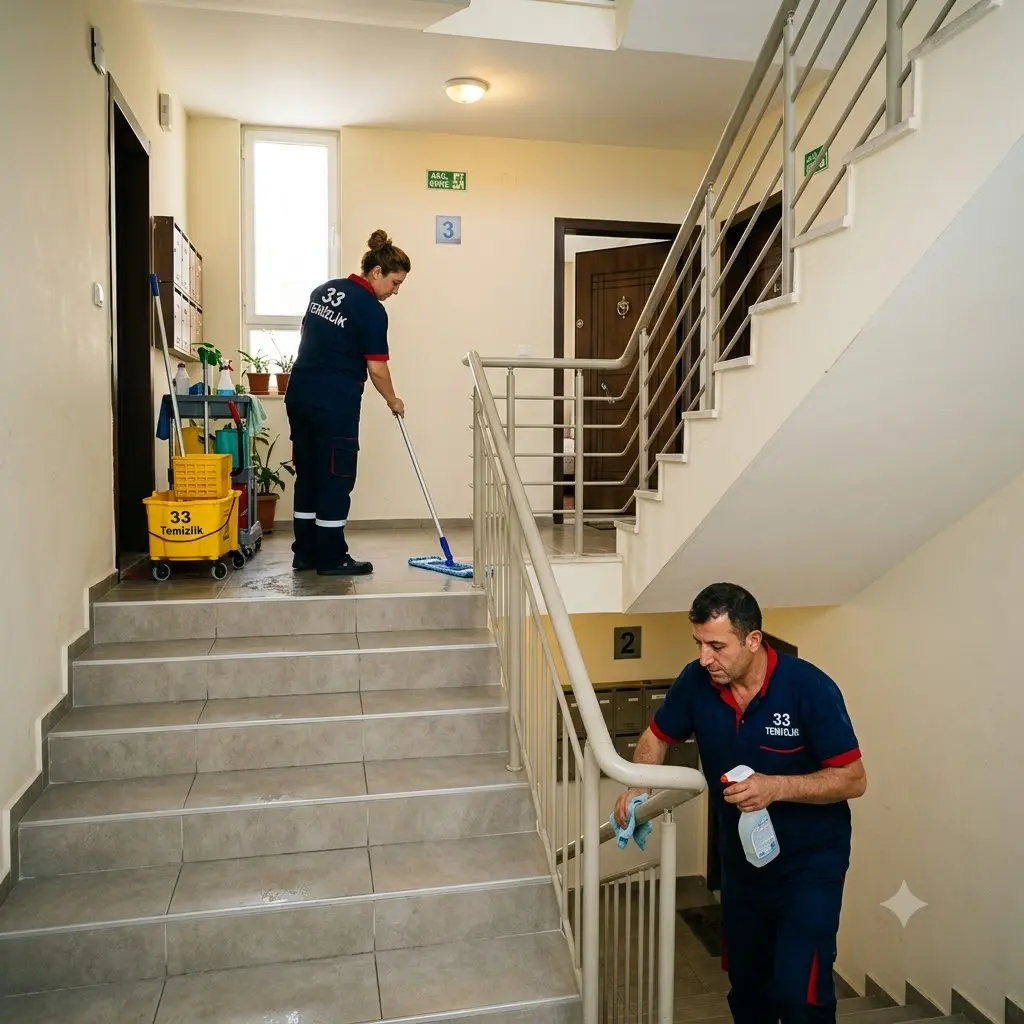 Mersin 33 Temizlik şirketinin iki kişilik uzman ekibinin apartman merdivenlerinde ve korkuluklarında detaylı hijyen temizliği yapması.