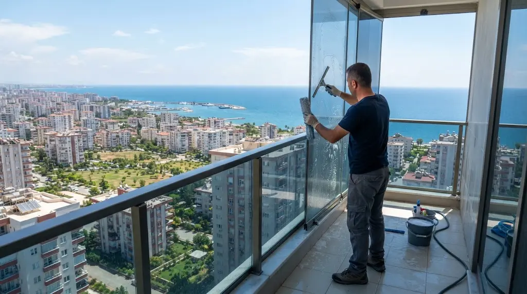Mersin'de ev temizliği sırasında balkon camlarının iz bırakmadan silinmesi