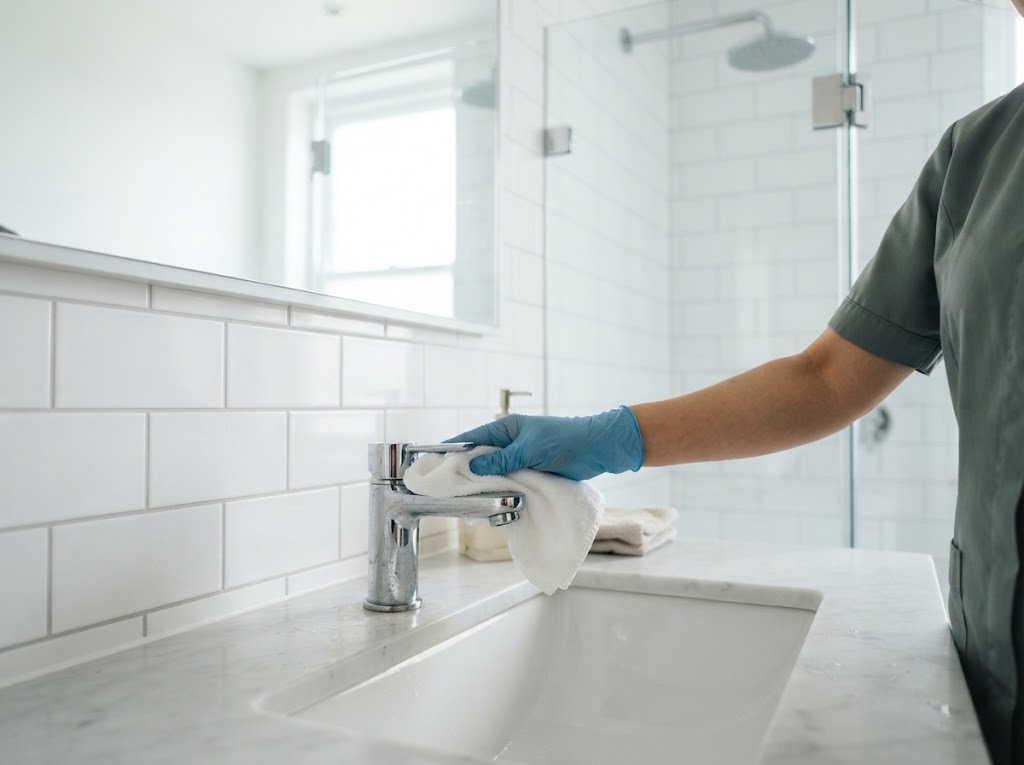 Detaylı ev temizliğinde banyo musluğu, lavabo ve fayansların kireçten temizlenmesi