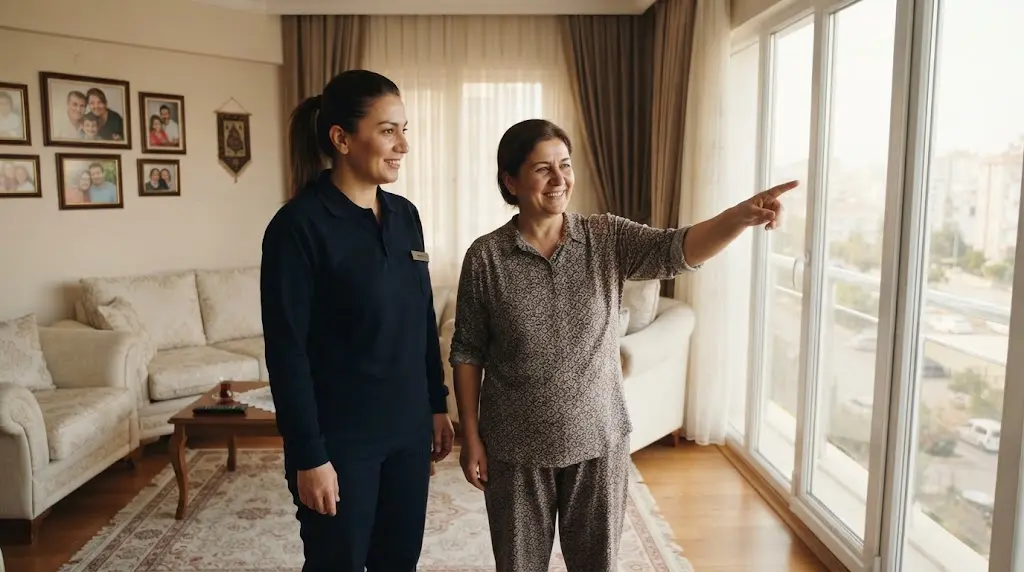 Mersin Yenişehir'de ev temizliği sonrası ev sahibi ile temizlik ekibi sorumlusunun birlikte yaptığı son kontrol